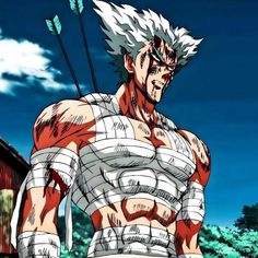 an anime character with white hair and no shirt on holding two arrows in his hand