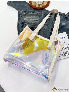 BirdinBag - PVC Clear Holographic Shoulder Tote Bag - Stylish and Functional Rectangular Clear Shoulder Bag For Shopping, Clear Tote Shoulder Bag For School, Clear Tote Shoulder Bag, Clear Rectangular Bags For Daily Use, Clear Square Bag For Daily Use, Rectangular Clear Bags For Daily Use, Trendy Clear Tote Bag, Trendy Clear School Bag, Trendy Clear School Bags