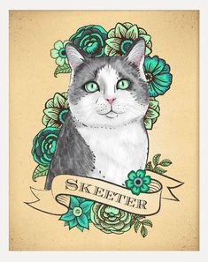 a drawing of a cat with flowers around it's neck and the words skeeter written below