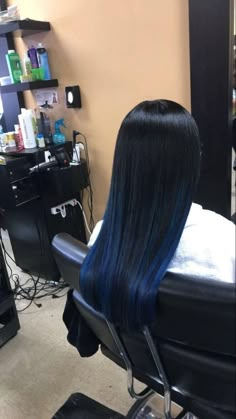 Black Blue Tint Hair, Royal Blue Hair Highlights, Black Hair With Blue Ends, Blue Peak A Boo Hair, Black Hair With Dark Blue Highlights, Dark Blue Dyed Hair, Dark Blue Highlights In Black Hair, Black With Blue Hair, Blue Black Balayage