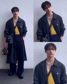 four photos of a young man in black and yellow clothing, holding a brown purse