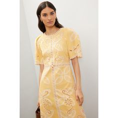 Yellow (Shell: 88% Cotton, 12% Flex; Lining: 100% Cotton). Casual dress. Short sleeves. Crew neck. Back zipper closure. 49.5" from shoulder to hemline. Imported. Casual Dress Short, Dress Short Sleeves, Sea New York, York Dress, Rent The Runway, Closet Designs, White Embroidery, Embroidery Dress, Summer Ready