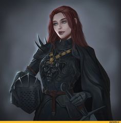 a woman with red hair and black armor holding a metal object in her hand while standing against a dark background