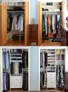 before and after pictures of an organized closet