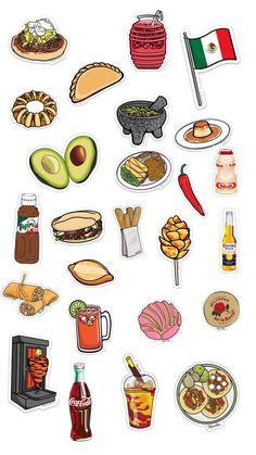 an assortment of food stickers on a white background with the flag of mexico in the middle