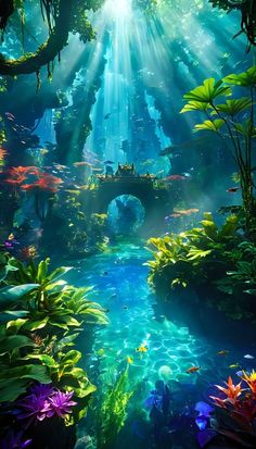 an underwater scene with sunlight streaming through the water and plants in the foreground,