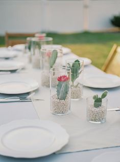 the table is set with white plates and glass vases filled with cacti