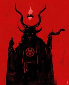 a black and red illustration of a demon with horns on it's head, standing in front of a red background