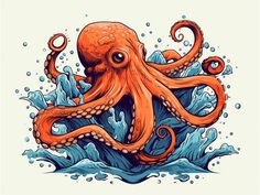 an orange octopus sitting on top of a wave in the ocean with water splashing around it