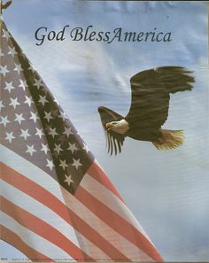 an eagle flying over the american flag with god bless america written on it's side