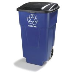 a blue recycle trash can on wheels