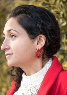 Vintage Studded Red Hoop Earrings, Gold and Black Hoop Post Earrings, Blue Lucite Jewelry, Red Earri Festive Red Hoop Earrings For Pierced Ears, Red Single Hoop Earring For Party, Elegant Small Hoop Red Earrings, Red Small Hoop Earrings For Party, Red Hoop Jewelry For Festive Occasions, Small Red Hoop Earrings For Party, Elegant Red Small Hoop Earrings, Elegant Small Red Hoop Earrings, Festive Red Hoop Jewelry