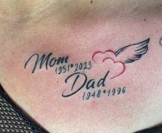 a woman's chest with the words mom and dad written on it