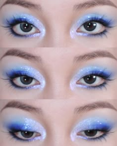 #blueaesthetic#blueeyeshadow#makeup#glitter , credit:-https://www.instagram.com/bggbei?igsh=MTdzbDhmNHhzNXNsbQ== Blue Glitter Eyeshadow Looks, Makeup For Blue Hair, Blue And White Eyeshadow, Pink And Blue Makeup Looks, Icy Blue Makeup, Soft Blue Makeup, Blue Fairy Makeup, Icy Makeup Looks, Eyeshadow Looks Colorful