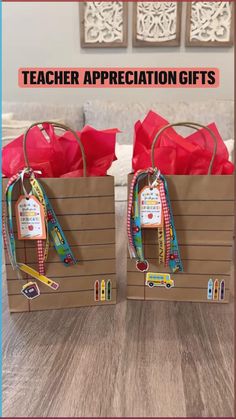 two brown paper bags with teacher appreciation gifts on them and the words teacher appreciation gifts