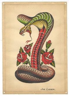 a drawing of a snake with roses on it