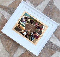 a white frame with pictures on it sitting on the ground next to a tile floor