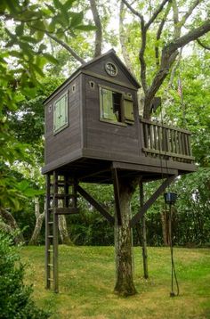 a tree house built into the side of a tree