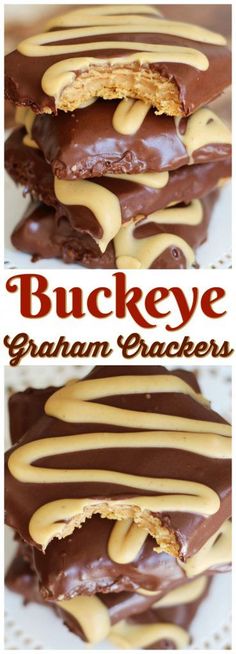 chocolate and peanut butter crackers are stacked on top of each other with the words, buckeye graham crackers