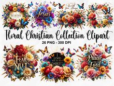 the floral christian celebration clipart bundle is shown with flowers, butterflies and other decorations