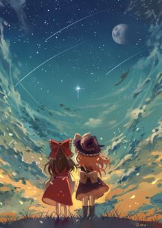 two girls looking at the stars in the sky