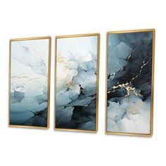 three abstract paintings in gold and blue on a white background, each with a different color scheme