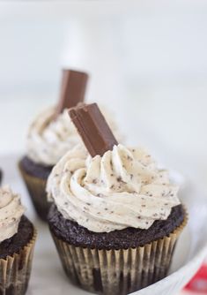 chocolate cupcakes with cream frosting and chocolate sticks