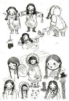 several drawings of children with different expressions and hair styles, all in black and white