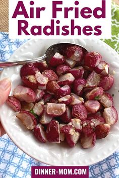 there is a white plate with red potatoes on it and the title reads air fried radishes