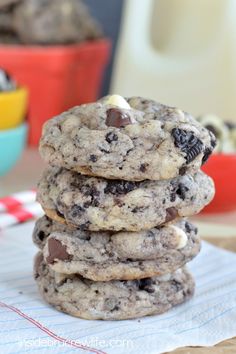 chocolate chip cookies stacked on top of each other