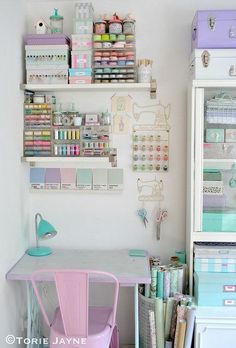 a craft room filled with lots of crafting supplies and crafts on the wall next to a sewing machine