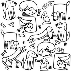 black and white drawing of dogs with their owners