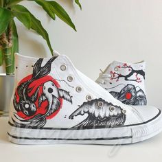 "-YING YANG KOI FISH- 🌈DESCRIPTION: You will receive a unique pair of shoes which I will personally paint by hand just for you.  I create your shoes from scratch by hand in my little studio. The main design is painted on the outside of the shoes only, while on the inside the shoes are painted with some black splashes to match with the outside. 🔥UNIQUE: As the shoes are PAINTED BY HAND, the design may slightly vary from the picture. Each design is unique in its own way. 🎨CUSTOMISE THEM: As the shoes are made to order, feel free to make them even more unique. In fact it is possible to customise them, adding a text, a date or a name on the inside of the shoes or even in the corner, on the outside next to the characters. Simply leave me a note at the checkout with the details you would like Cherry Blossom Shoes, Customising Shoes, Recycled Envelopes, Japanese Koi Fish, Black Splash, Koi Art, Japanese Koi, Hand Painted Shoes, Brown Envelopes