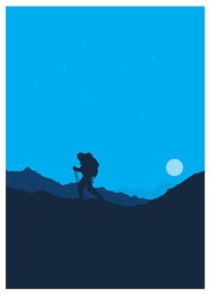 the silhouette of a person hiking up a hill at night