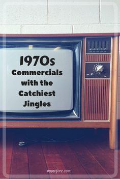 an old television with the caption 1970 commercials with the catchiest singles on it