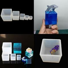 there are several different types of boxes and containers in the photo, including one with a dolphin on it