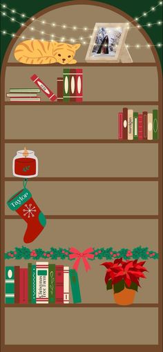 a shelf filled with books and christmas decorations