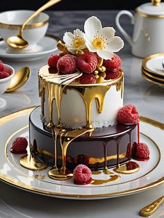 a chocolate cake with raspberries and white flowers on top, sitting on a plate