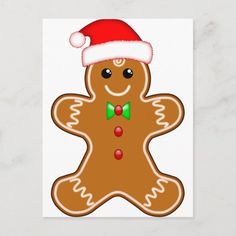 a gingerbread man with a green bow tie and santa's hat is smiling