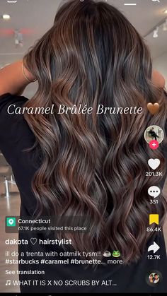 #brunettestyle #caramelbrulee #hair Carmel Brûlée Brunette Hair, Carmel Brown Balayage Hair On Black Hair, Carmel Lowlights Dark Brown Hair, Dark Brunette Balayage Hair Caramel Ombre Chocolate Brown, Latte Brunette Balayage, Chocolate Caramel Balayage, Caramel Brûlée, Dark Brunette Balayage Hair, Dark Brunette Balayage