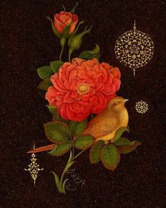 a painting of flowers and birds on a black background