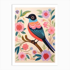 a colorful bird sitting on top of a tree branch surrounded by flowers and leaves,