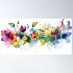 watercolor flowers and leaves on white background poster