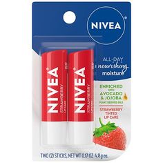 Lips feel instantly hydrated and protected from dryness with all-day nourishing moisture With a subtle red tint that helps lips look and feel beautiful Enriched with Strawberry Extract, Shea Butter and Jojoba Oil to help chapped lips feel soft and smooth Fresh picked strawberry scent Comes with Two (2) .17 oz. Sticks The NIVEA Strawberry Tinted Lip Care formula is Mineral Oil free and enriched with Strawberry Extract, Shea Butter, and Jojoba Oil, to keep lips beautiful and with a touch of color. Strawberry Extract, Strawberry Scent, Lip Oils, Color Lip Balm, Lip Scrubs, Healthy Skin Tips, Lip Products, Moisturizing Lip Balm, Tinted Lip Balm