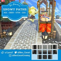 an advertisement for snowy paths with a cartoon character in the background and a blue sign that says it's winter