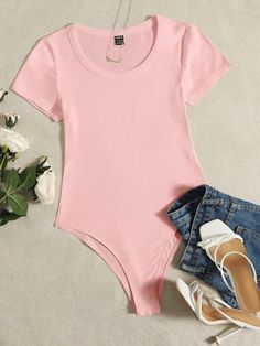 Baby Pink Casual Collar Short Sleeve Fabric Plain Tee Embellished Slight Stretch Summer Women Clothing Pink Bodysuit Outfit, Purple Shirt Outfits, Light Purple Shirt, Purple Bodysuit, Purple Two Piece, Ribbed Knit Bodysuit, Bodysuit Tops, Bodysuit Designs, Body Suit Outfits