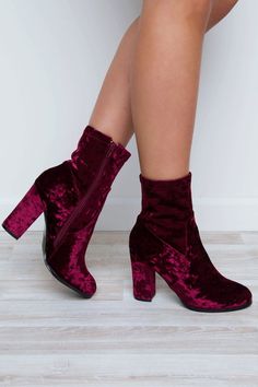 Chunky Heel Ankle Boots, Super High Heels, Red Boots, Shoe Inspo, Heel Ankle Boots, 90s Inspired, Shoe Closet, Crushed Velvet