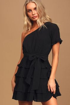 Cute Black Mini Dress - Tiered Skater Dress - One-Shoulder Dress (ON SALE) for recruitment :) S Ruffled Mini Dress, Tiered Mini Skirt, Dress Shopping, Women Best, Love Black, Super Cute Dresses, Black Mini Dress, Spring Summer Dress, Black Mini