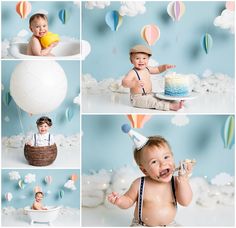 a collage of photos with babies and balloons in the air, including a baby sitting on a cake