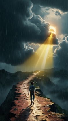 a man walking down a path in the rain under a cloudy sky with sunbeams